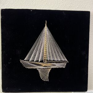VTG Mid Century 3D String Art Nail Sail Boat Ship Wall Wood Frame 15x14” Velvet